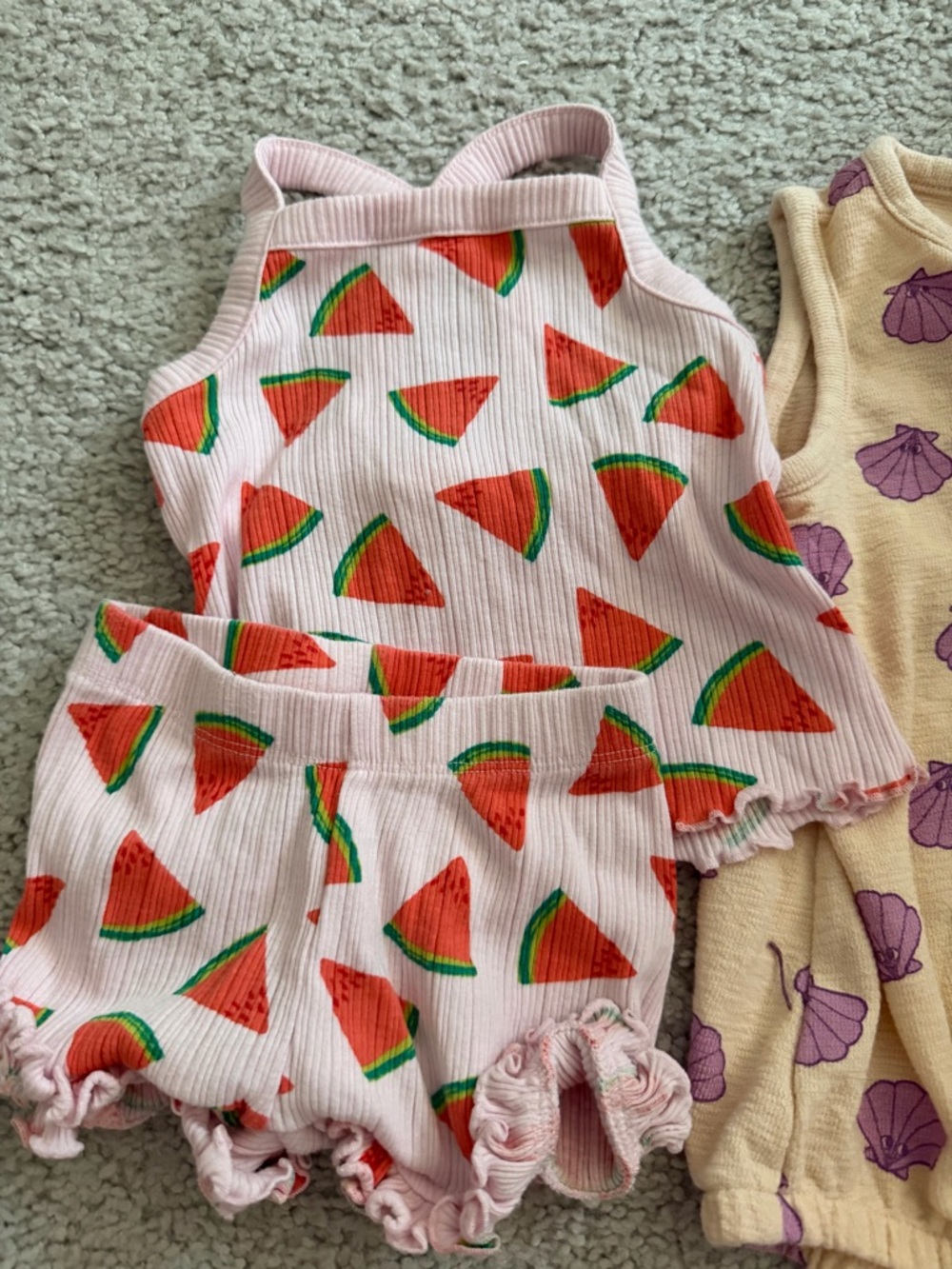 Cat & Jack 12M Summer Outfit Bundle Watermelon Set & Seashell Romper - Picture 2 of 5